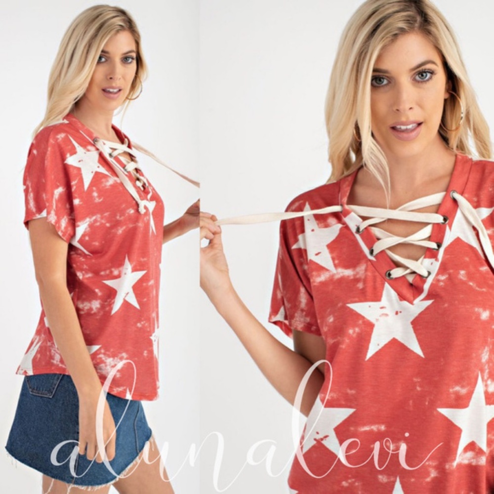 028 Boho Star Print Lace up top - Picture 1 of 2